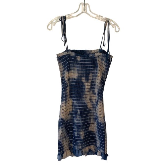 STORIA Blue + Gray Tie-Dye Smocked Sleeveless Tie Strap Mini-Length Dress Medium - Picture 6 of 7